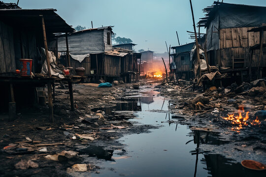 Dirty houses in a slum in Asia third world. Dirty and lots of garbage lying around. Pollution and poverty are everywhere. 