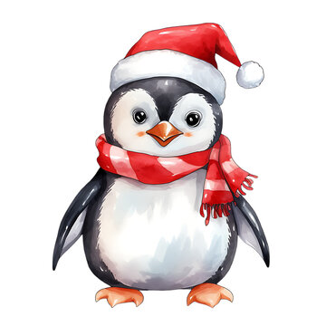 Cute Christmas Penguin with Santa Hat, watercolor clip art