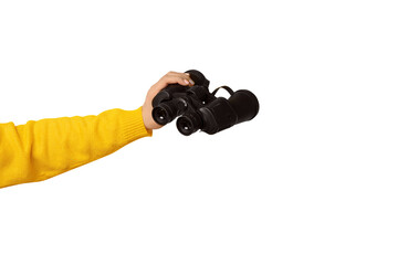 binoculars in hand isolated on transparent background, find and search concept. - 663864610