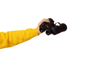 binoculars in hand isolated on transparent background, find and search concept.