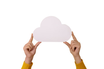 Cloud computing concept, hands holding cloud isolated on transparent background, cloud storage