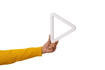 3d media play button in hand isolated on transparent background,