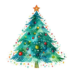 Sparkling Christmas Tree with Ornaments, watercolor clip art