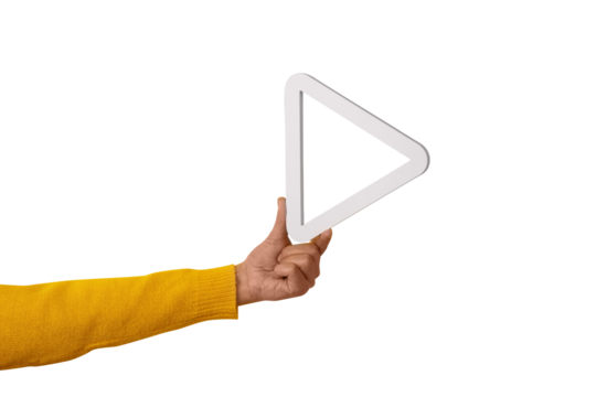 3d media play button in hand isolated on transparent background,