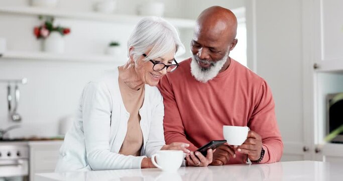 Senior, couple or phone with coffee or technology for social media, internet scroll or meme and smile. Elderly, black man or woman or interracial with smartphone for streaming or conversation at home