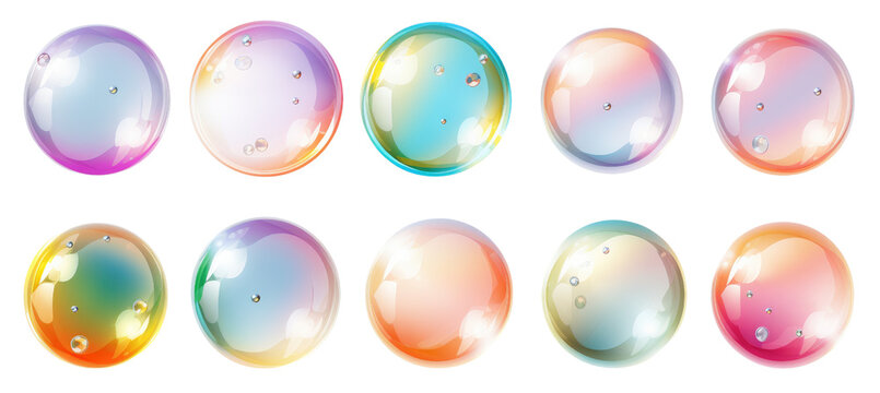 Set of realistic transparent colourful soap bubbles isolated on transparent background