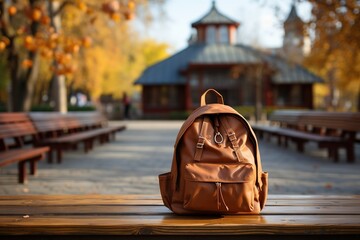 Brown backpack on the wooden table in the school park. Autumn background.
