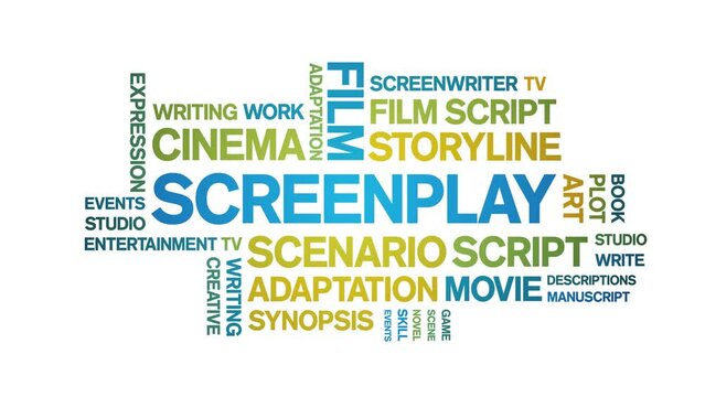 Screenplay animated tag word cloud;text design animation kinetic typography seamless loop.