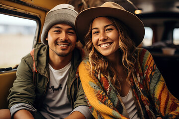 Young hipster couple and digital nomad engaging in remote work inside her vintage camper van, epitomizing the mobile, van life lifestyle - obrazy, fototapety, plakaty