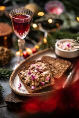 Christmas appetizer, riet, bruschetta with riet. New Year