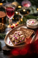 Christmas appetizer, riet, bruschetta with riet. New Year