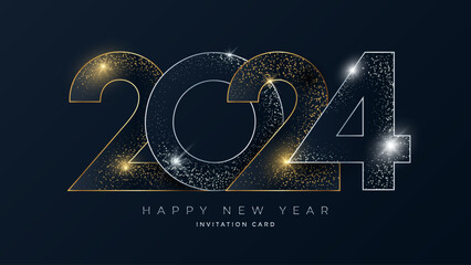 New Year 2024 gold and silver line numbers typography greeting card. Christmas invitation poster with golden glitter numeral.