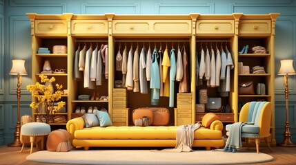 Fototapeta na wymiar Style 3d wardrobe is full of colorful bags and coats, in the style of photo-realistic compositions, dark azure and yellow, charming vignettes, azure