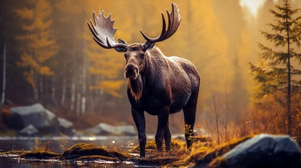 Foto op Plexiglas bull elk in the woods during a sunny morning in autumn. © Zenturio Designs