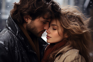 close up portrait of a sensual couple in winter wearing warm clothes - obrazy, fototapety, plakaty