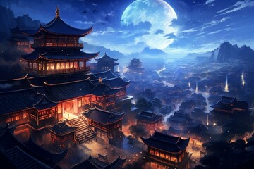 Traditional Chinese architecture illuminates ancient cities beneath a starry night sky. Generative AI