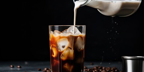 iced coffee poured into a glass on a black background, in pop culture infusion style, kimoicore, cut and stick, vintage inspired, dark white and light beige.