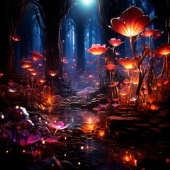 Surrender to the spellbinding beauty of a forest illuminated by glowing mushrooms and vivid blooms