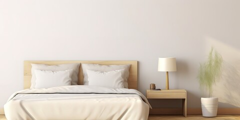 white bed with pillows, sheets and lamps on the side, with a minimalist background style of light brown and cream, generative ai.