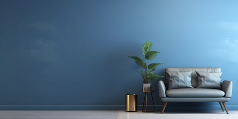sofa next to blue wall with light blue and gray minimalist background style, generative ai.