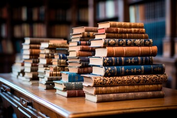 This quaint stack of vintage old books on a wooden table forms a bridge to the past, inviting modern minds to explore - obrazy, fototapety, plakaty