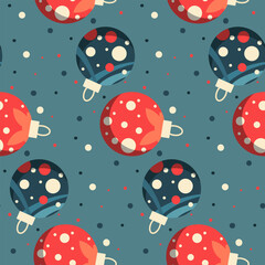 Christmas seamless pattern with round Christmas tree toys. Bright round colored blue and red on a blue background with confetti. Vector flat illustration