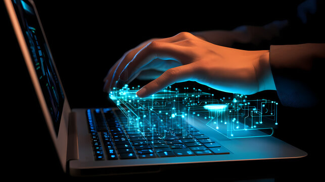 a close up of a person typing on a holographic keyboard