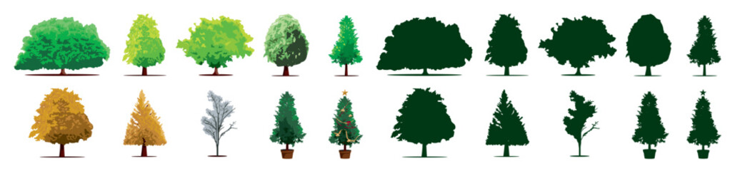 trees tree green orange collection pack isolated vector - obrazy, fototapety, plakaty