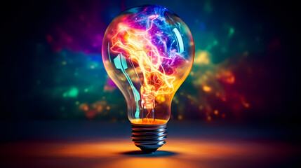 a glowing light bulb in neon color, black background
