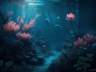 Fototapeta na wymiar realistic underwater world with glowing flora, created by ai generated