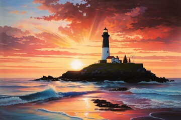 lighthouse silhouetted against the vibrant colors of a sunset, created by ai generated