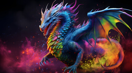 Dragon art with different colors splashed illustration