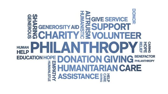 Philanthropy animated tag word cloud;text design animation kinetic typography seamless loop.