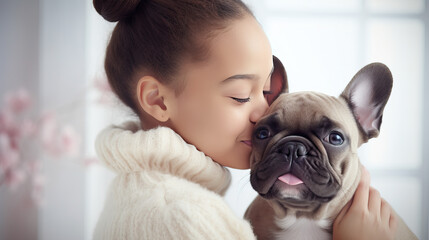 Smiling African American child with her adorable dog. Six year old girl hugs her pet puppy, cute French bulldog breed. Communication with animals concept. Blurred home interior on background