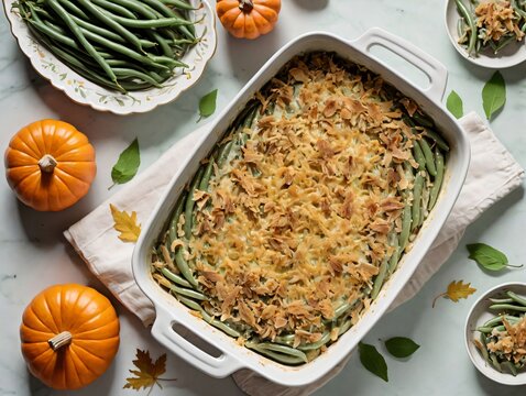 A Cassle Filled With Green Beans And Topped With A Che