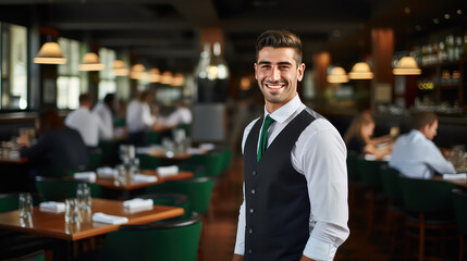 Fototapeta premium Young attractive male waiter in uniform on background of cafe or restaurant. Vacant waiter position, invitation to work. 