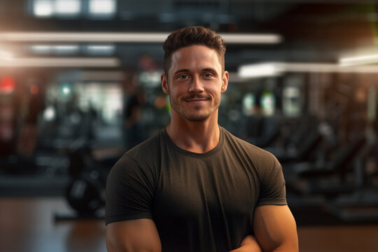 portrait of muscular man at the gym. personal trainer concept. generative ai.