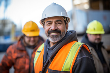 Happy of team construction worker working at construction site. Generative ai.