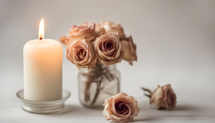 Obraz na płótnie Canvas Nude color candle with cute dried roses isolated with soft background