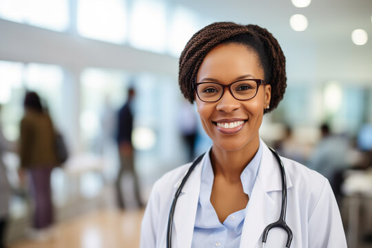 Portrait of African American female doctor in uniform and stethoscope. Blurry hospital scenery on background. Generative ai.