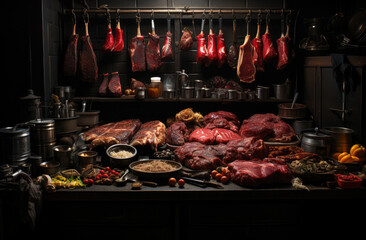 Wooden meat butcher counter with fresh raw beef, pork steak and slices and spices, vegetables, herbs at farmer's market