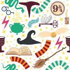 Magic items seamless pattern in flat style. School of Magic. Pumpkin, key, magic ball, feather, spider, purple hat, broom, skull, snake