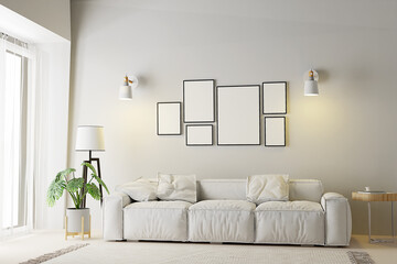 White wall living room with sofa and frame mockup, 3d rendering