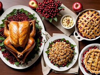 A Table With A Turkey, Apples, And Cran