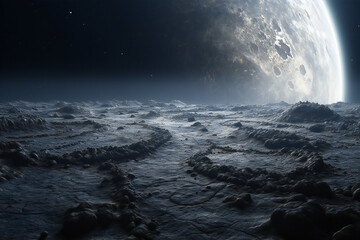 Moon surface with detailed craters and mountains - obrazy, fototapety, plakaty