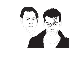Two Cute Boy black hair vector line art on white background profile picture illustration.