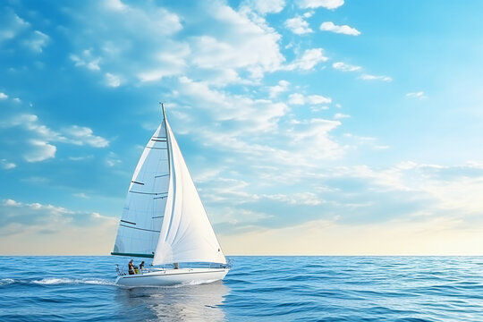 Small white sailboat on the blue sea in a clear day