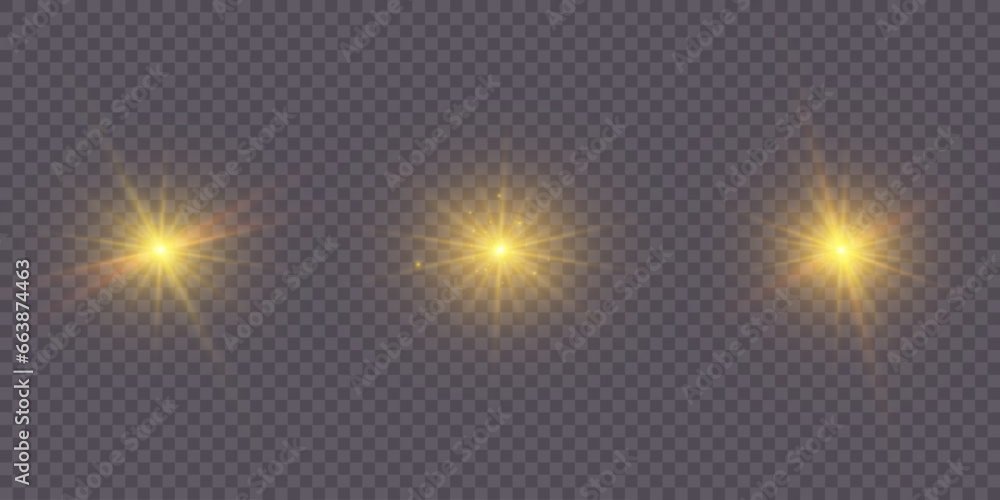 Poster Set of light effects. A flash of warm light, a star on a transparent background. Sun, summer. light sunlight. Vector