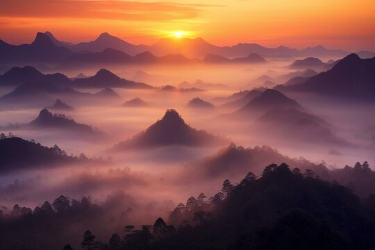 Majestic sunrise illuminating mountain tiers under misty skies. Generative AI