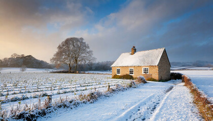 Lake District Snowy Postcard, Beautiful Old Cottage in the Snow